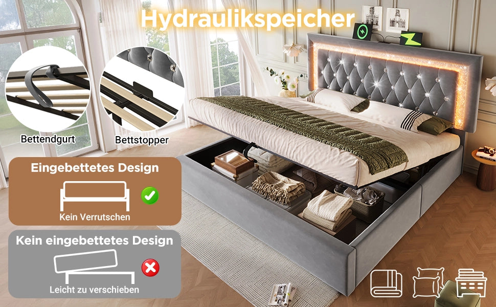 Letto Imbottito Contenitore 140x200 Velluto con LED, USB, Idraulico e Rete ¨C MINIMAL ¨C Grigio