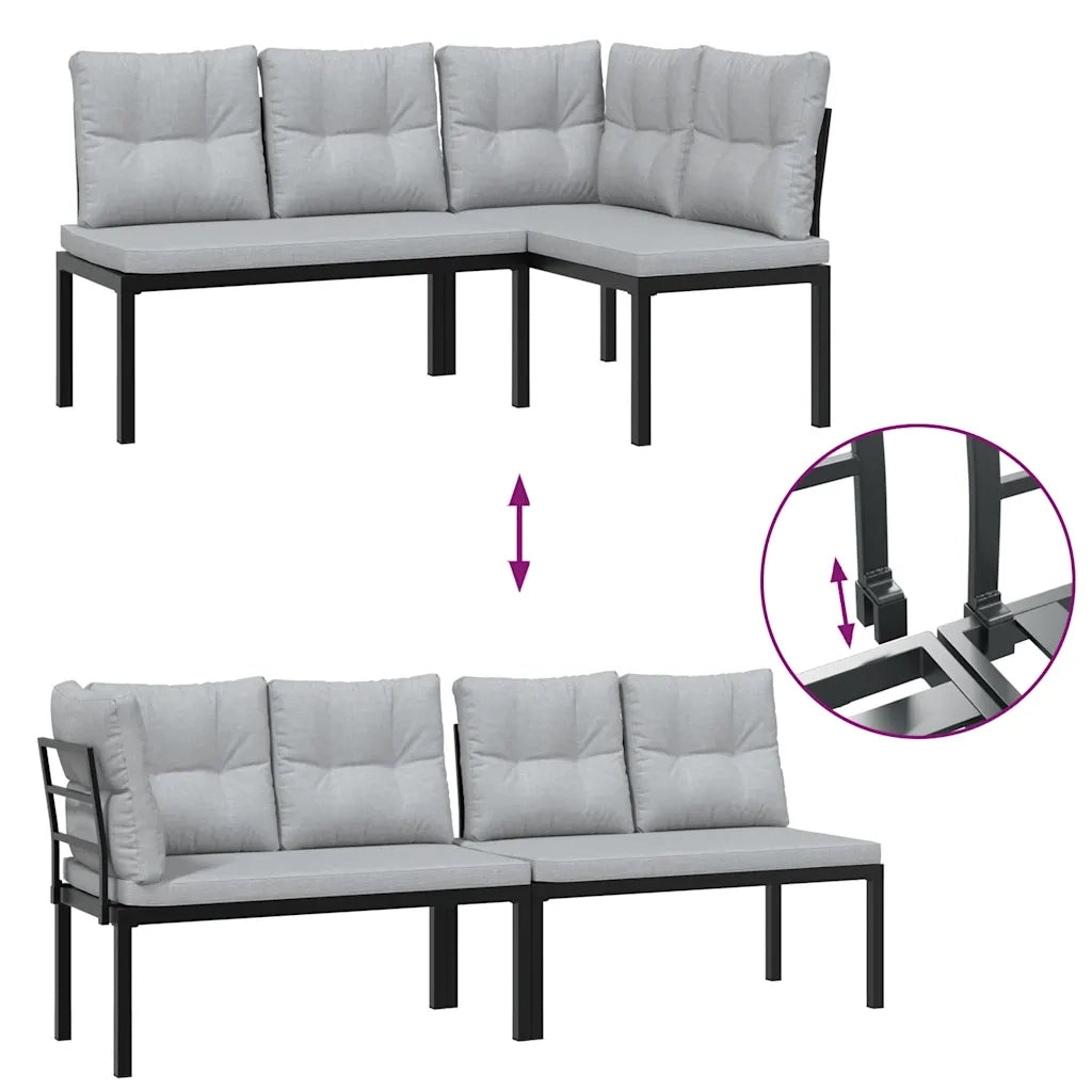 Set Panche Giardino | Panca da Giardino Cuscini 3 pz Nero Acciaio Verniciato Polvere
