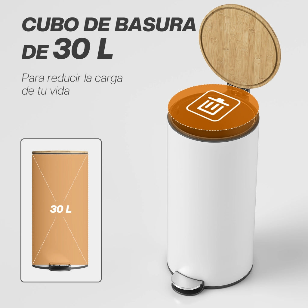 Pattumiera con Pedale 30L ¨C Xylo ¨C Coperchio Bamb¨´ Chiusura Soft Bianco