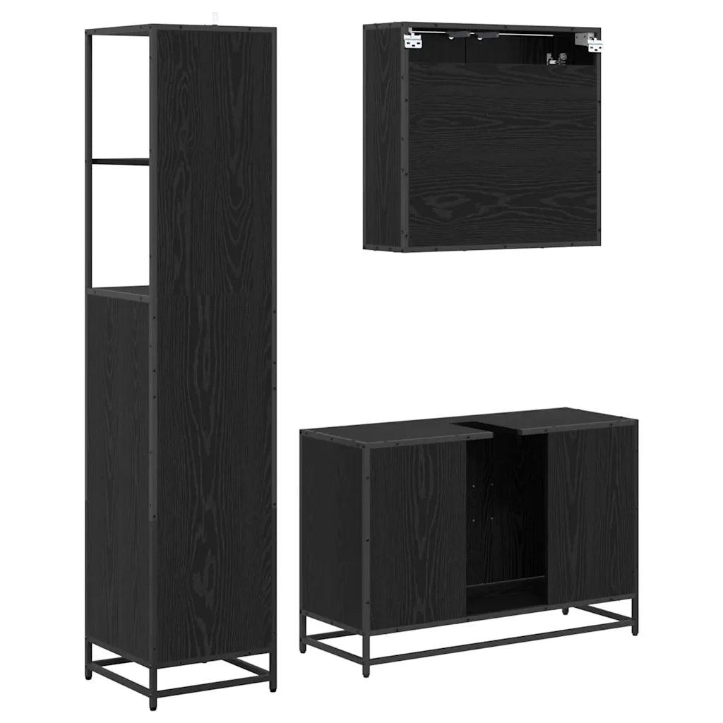 Set di mobili per il Bagno | Armadio da bagno 3 pz Rovere Nero Legno multistrato