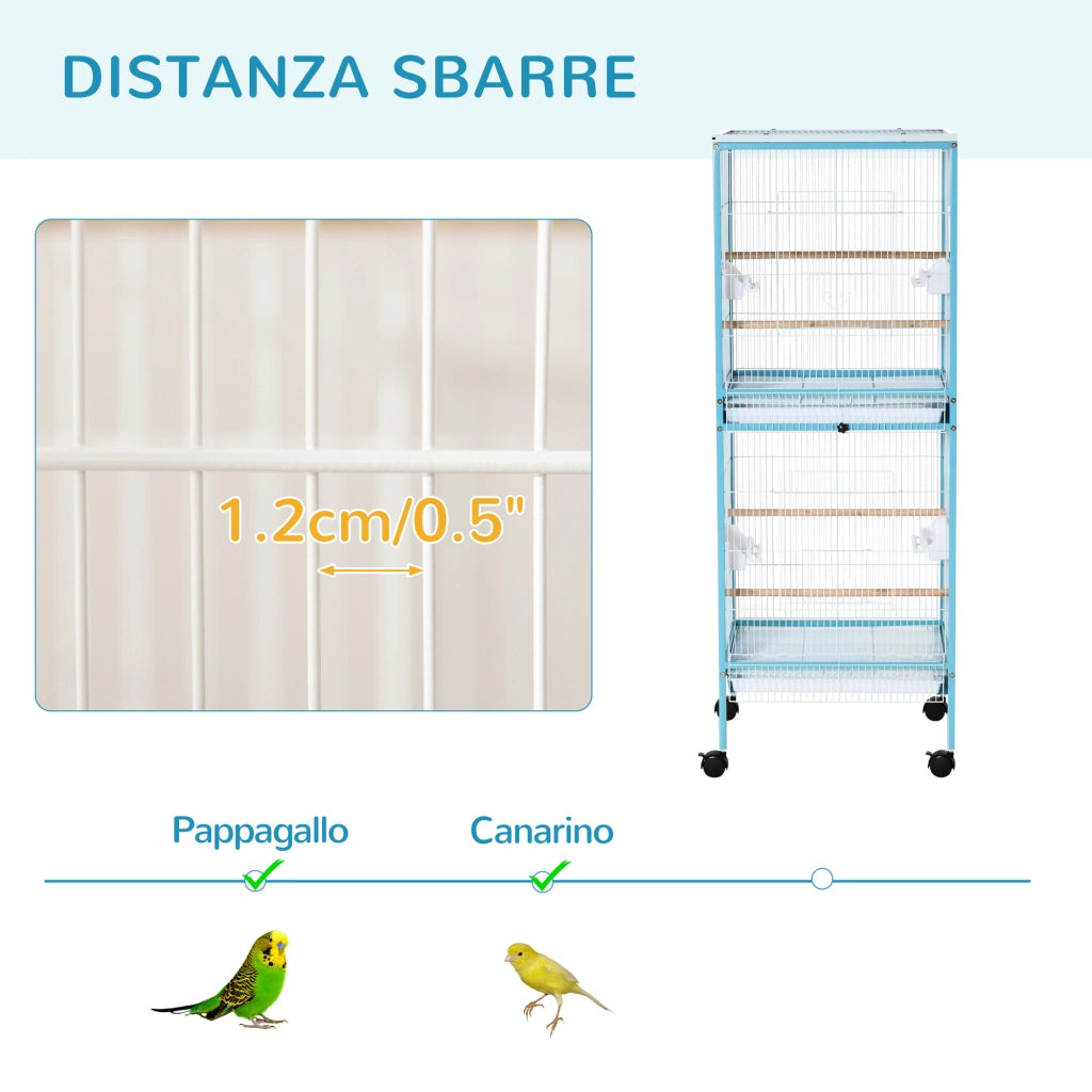 Gabbia per Uccelli 2 in 1 Voliera da Interni con 4 Ruote e Vassoi Estraibili, 51.5x50x140cm
