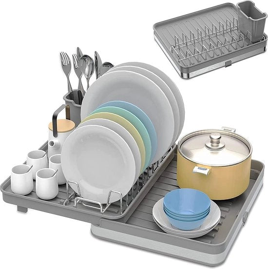 Afwasdroogrek Expansibile 30cm - 53cm per Servizi con Porta Utensili - Porta Piatti - Piastra di Scarico in Acciaio Inossidabile - Sostegno per la Cucina