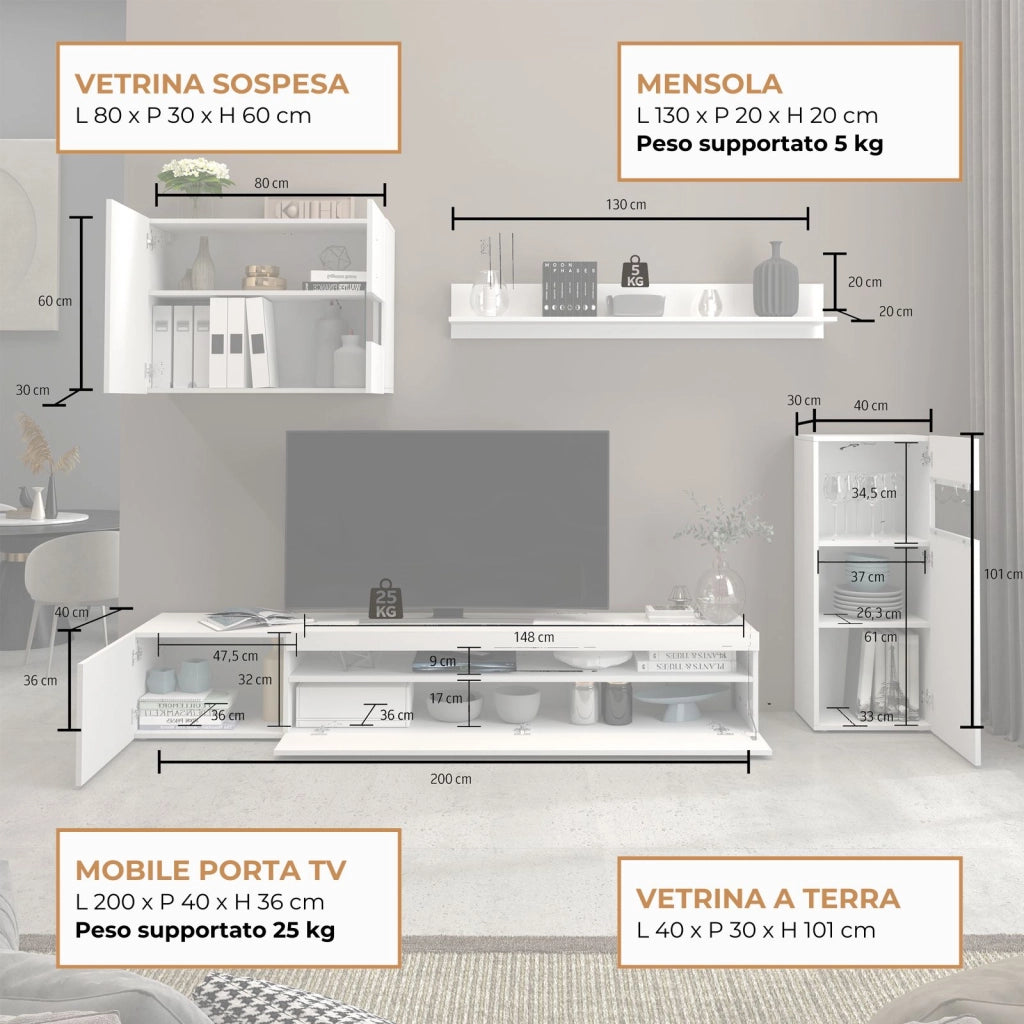 WHOUS Parete attrezzata Potenza set soggiorno bianco lucido 240x40x160 cm