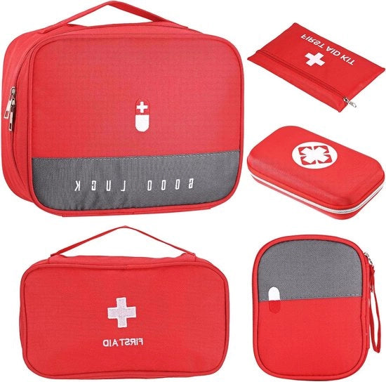 Kit di pronto soccorso leggero Allecto Plus - Set di 5 zaini per prima assistenza per campeggio e escursioni - Organizzatore di medicinali per viaggio impermeabile con compartimenti - Rosso - Adatto per l'uso domestico - Variante di dimensioni