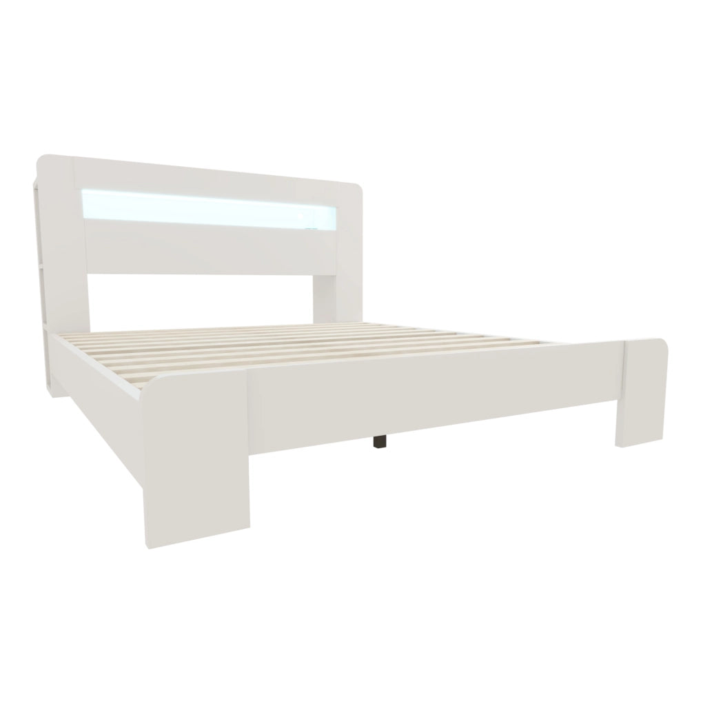 Letto ULEVR 140x200 cm con testiera contenitore, LED e prese integrate, bianco