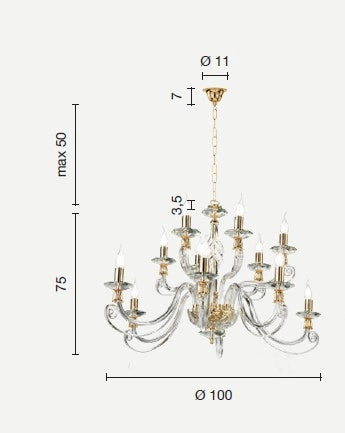 LAMPADARIO 1306 12 LUCI TRASPARENTE E CROMO ATTACCO E14 D.100CM