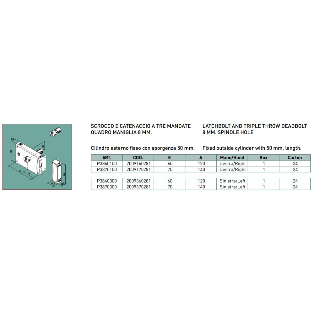 Facchinetti serratura zincata 60mm a spingere destra per portoncino da applicare