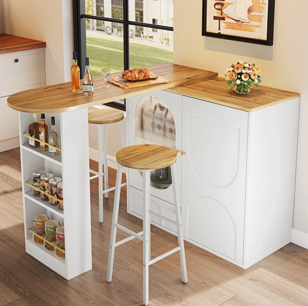 Set tavolo bar con contenitore e 2 sgabelli, bianco e effetto legno