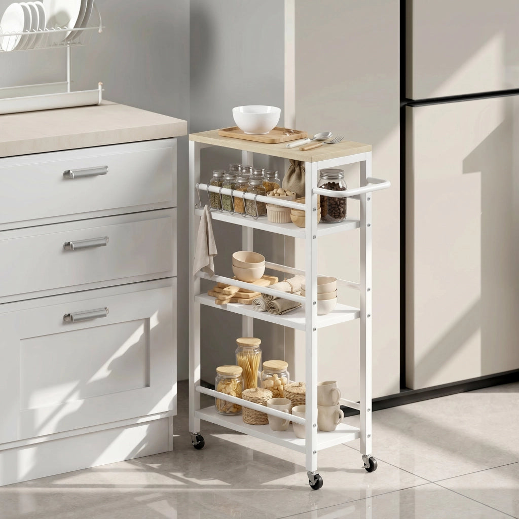 Carrello da cucina 4 livelli con porta asciugamani e 6 ganci ¨C Minimal ¨C 50x20x81 cm, quercia