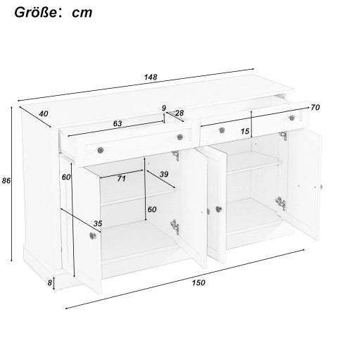 Madia 150x40x86 cm con 4 ante e 2 cassetti; bianco e colore naturale