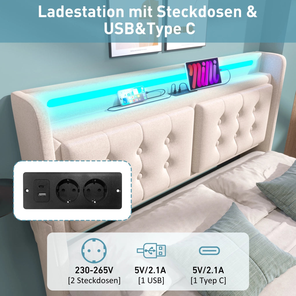 OKWISH Letto con Cassetti Letto Matrimoniale 160×200 cm con LED Regolabile, USB, Tipo-C e Mensole, senza Materasso, in Tessuto Beige