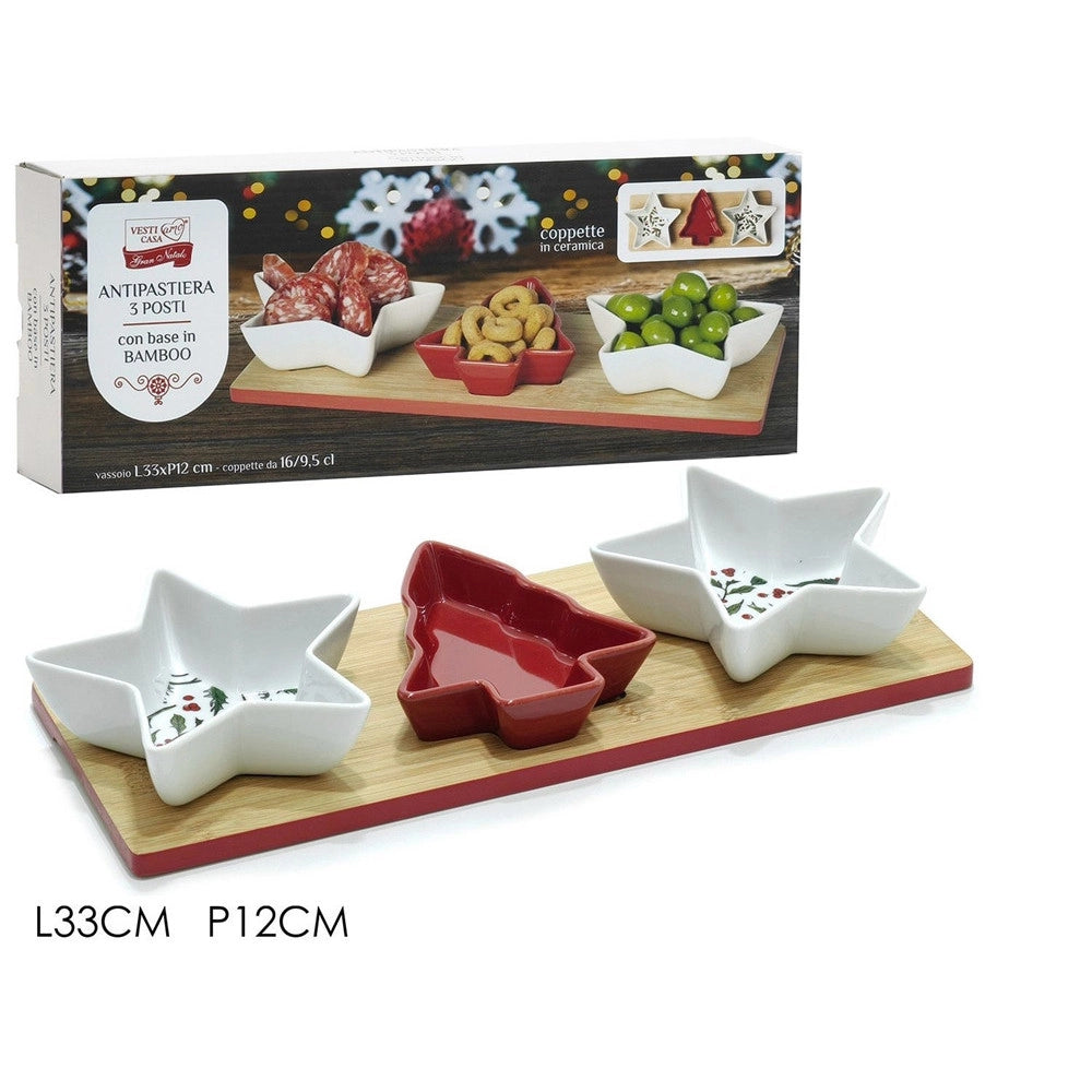 Trade Shop - Antipastiera 3 Posti Con Vassoio Base In Bamboo 33x12cm 3 Coppette In Ceramica Natalizie -