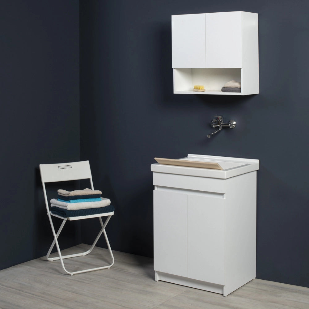 Mobile Lavatoio in Ceramica 2 Ante con Strofinatoio in Legno Massello 60x50x86A cm Olmo Naturale