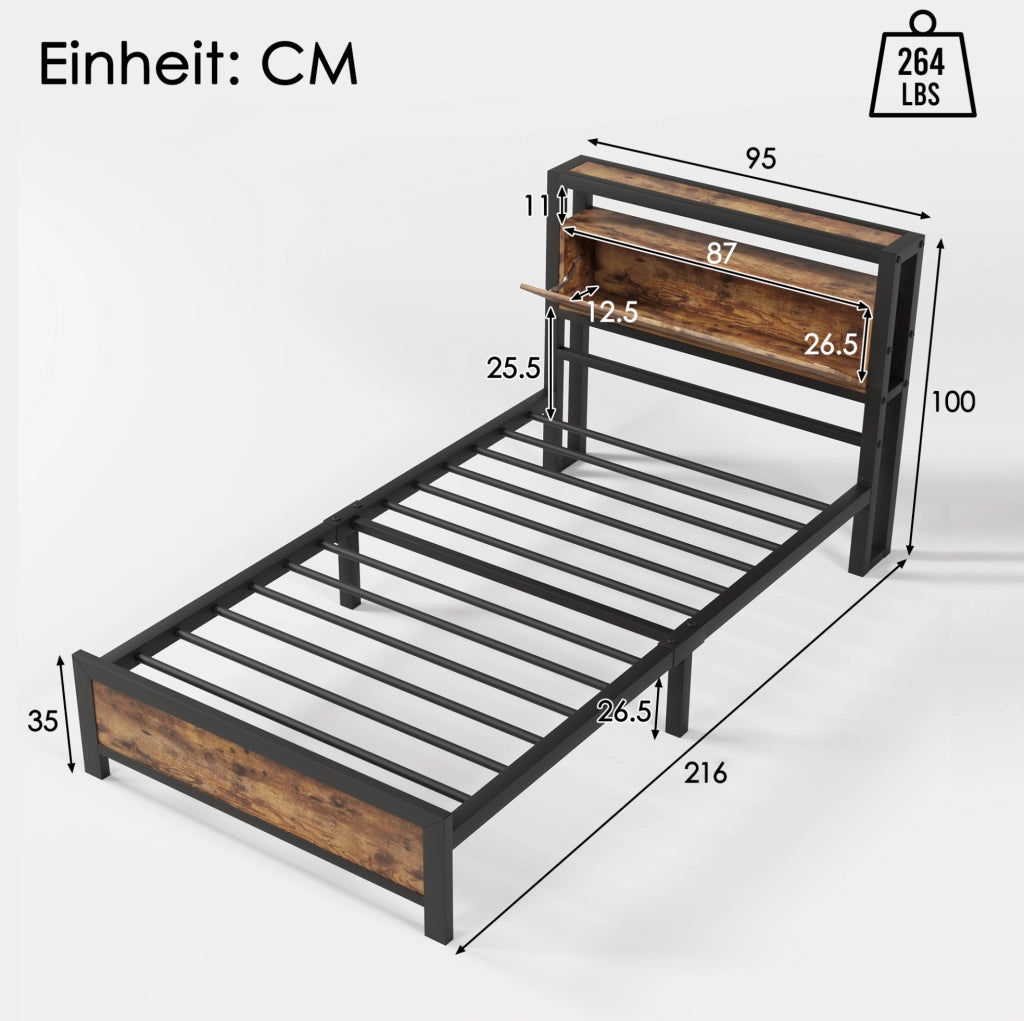 Letto singolo 90x200 cm; testiera con ripiani; metallo e legno; colore naturale (Senza materasso)