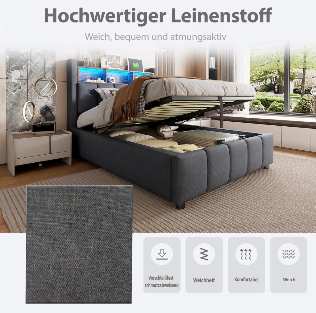 Letto imbottito grigio 90 x 200 cm con LED, USB e vano contenitore