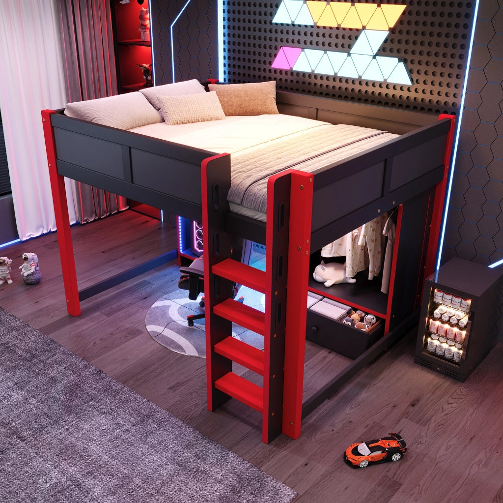 Letto a soppalco gaming 140x200 cm con scrivania nero/rosso