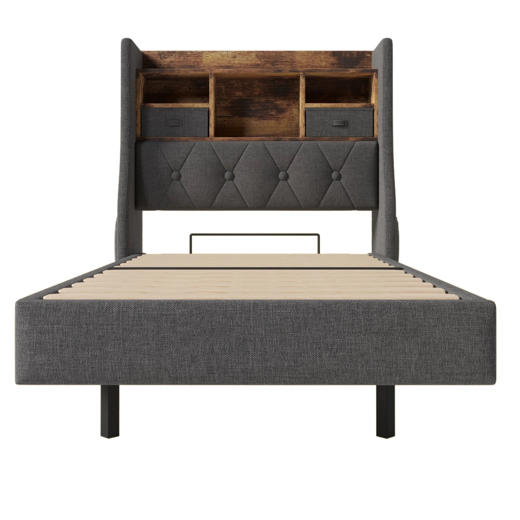 Letto singolo 90x200 cm in tessuto grigio con LED, testiera contenitore, porte USB e materasso incluso