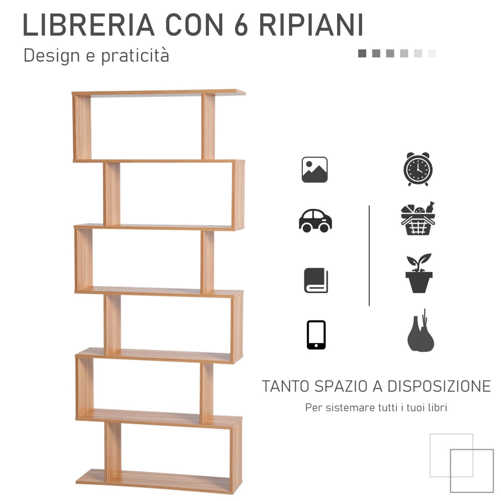 Libreria Design Moderno in Legno con 6 Ripiani Legno Naturale 80x23x192 cm