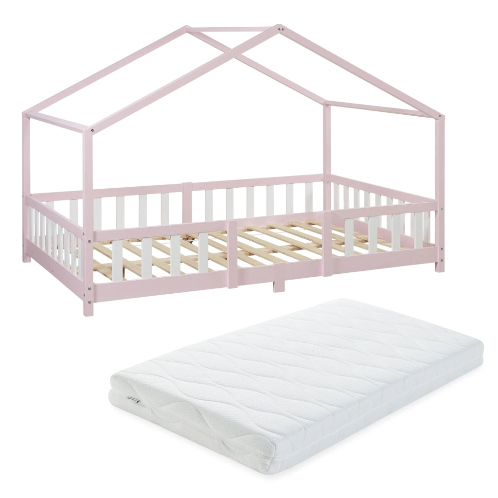 Letto per Cameretta Treviolo a Forma di Casetta in Stile Montessori con Materasso 120x200 cm - Rosa/Bianco [en.casa]