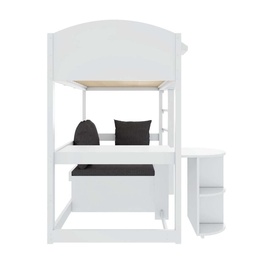 OKWISH Letto a soppalco 90×200 cm, Letto Singolo con Scrivania Estraibile, Divano con Contenitore e Scaffali, senza Materasso, in Legno Massello, Bianco