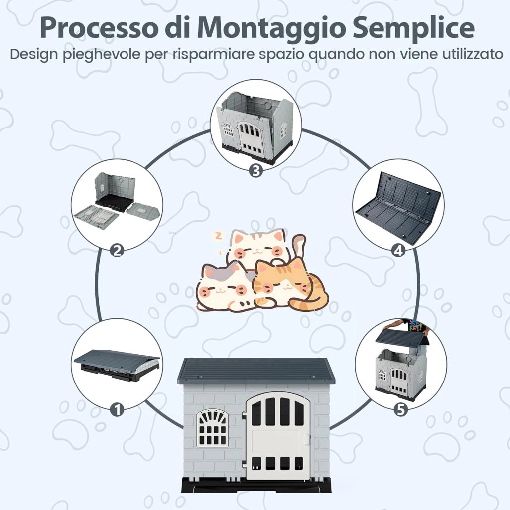 Cuccia per Cani da Esterno ed Interno, Casetta Impermeabile e Ventilata con Vassoio Toilette Rimovibile, Porta Bloccabile, 3 Finestre e Tetto a Pendenza, per Cani di Piccoli e Gatti (Grigio)