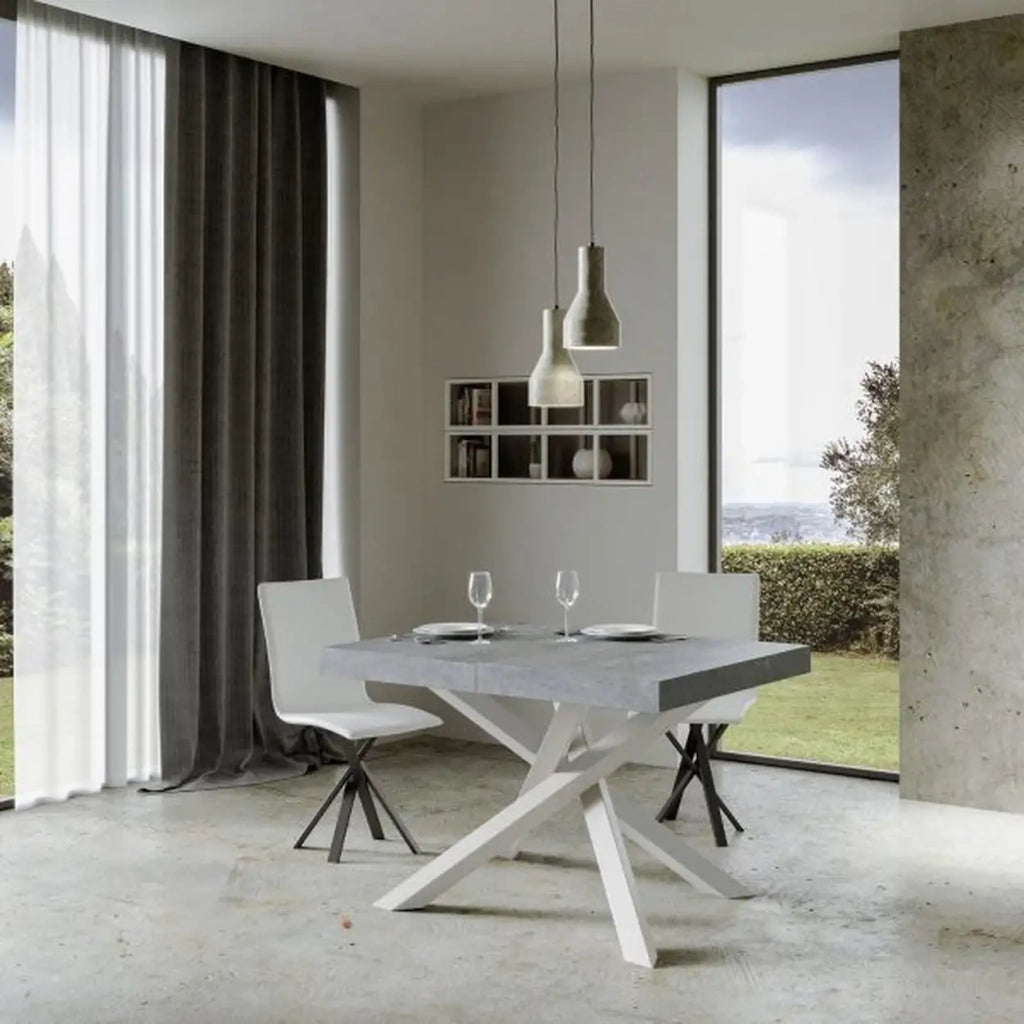 Tavolo allungabile 120/380x90 cm Volantis Premium colore cemento gambe bianche