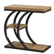 Tavolino laterale a C con 3 ripiani in metallo e legno per soggiorno e camera da letto; nero e marrone; 60×30×58 cm