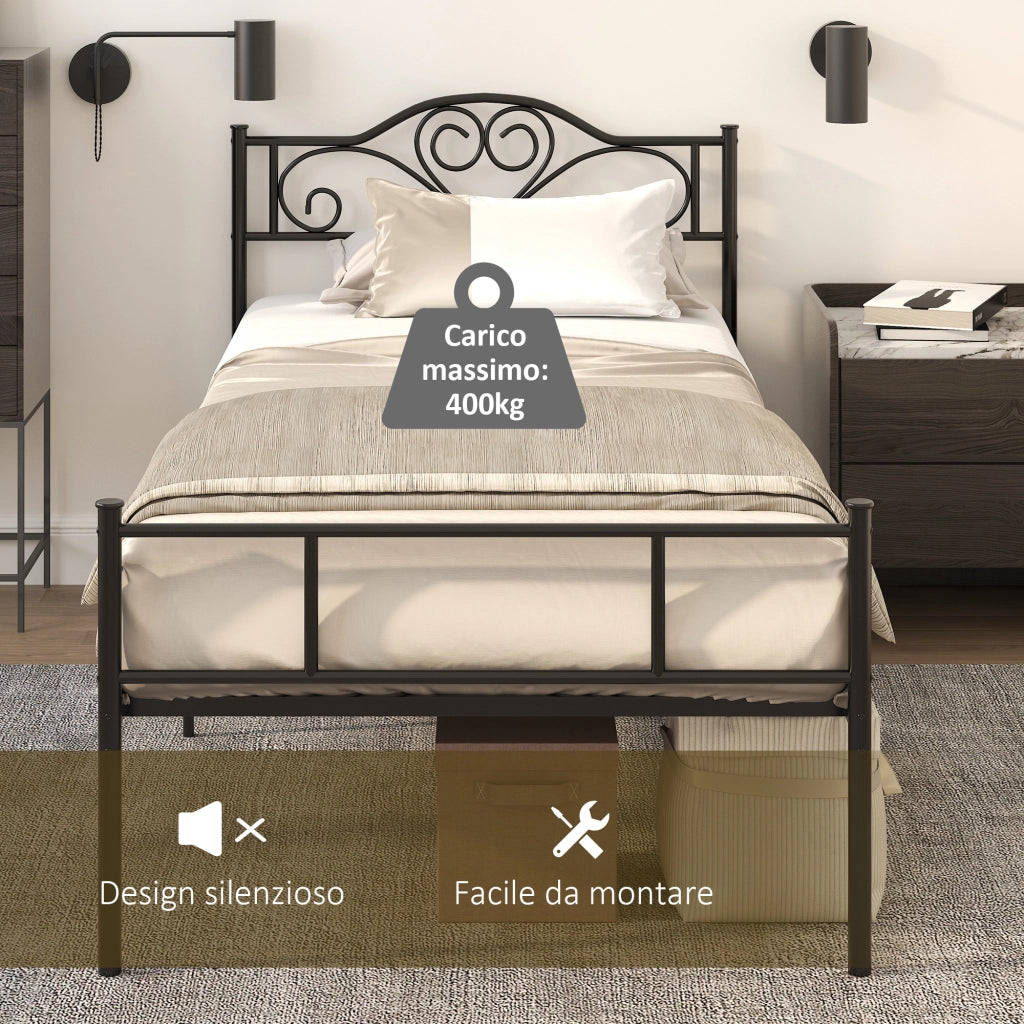 Struttura Letto Singolo in Acciaio con Doghe Integrate, Testiera e Pediera, 90x200cm