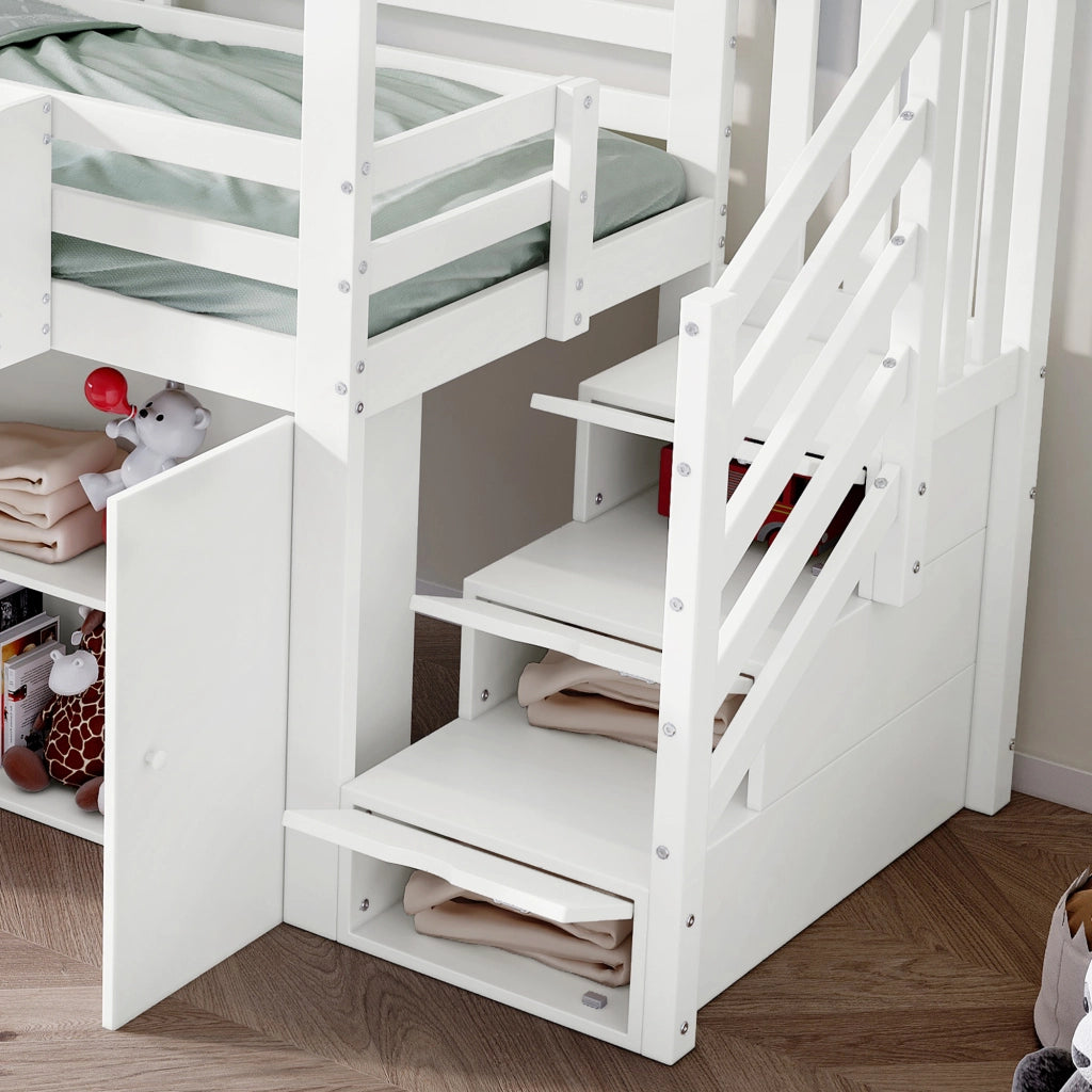 OKWISH Letto a Castello 90×200 cm, Letto Singolo con Scala Contenitore, Armadio, 7 Vani e Spondina, senza Materasso, Bianco Verde