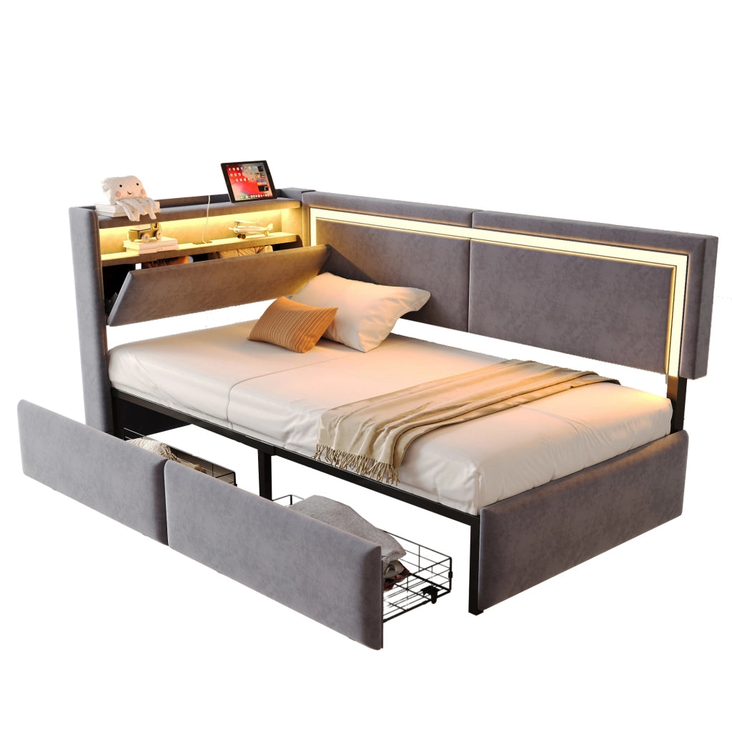 OKWISH Letto Divano 90×200 cm, Letto Singolo con LED Regolabile, USB, Tipo C e Cassetto Contenitore, senza Materasso, Velluto, Grigio