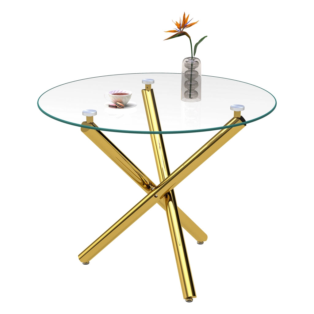 Tavolo da pranzo rotondo con piano in vetro temperato e gambe in metallo oro per 2-4 persone 80 × 80 × 76 cm