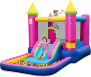 4-in-1 Castello Gonfiabile per Bambini, Castello a Tema Principessa con Scivolo, Area Salto, Canestro da Basket e Vasca per Palline, Giochi Gonfiabile per 3-12 Anni (Senza Soffiatore)