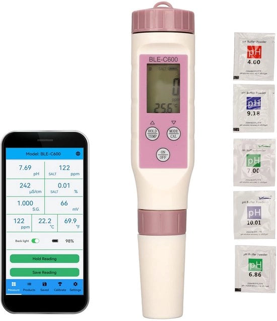 Misuratore di pH Digitale - Met Bluetooth - Idoneo per Hydroponica e Acquario - Misura con precisione il valore di pH - Adatto per acqua di acquario e sistemi di coltivazione.