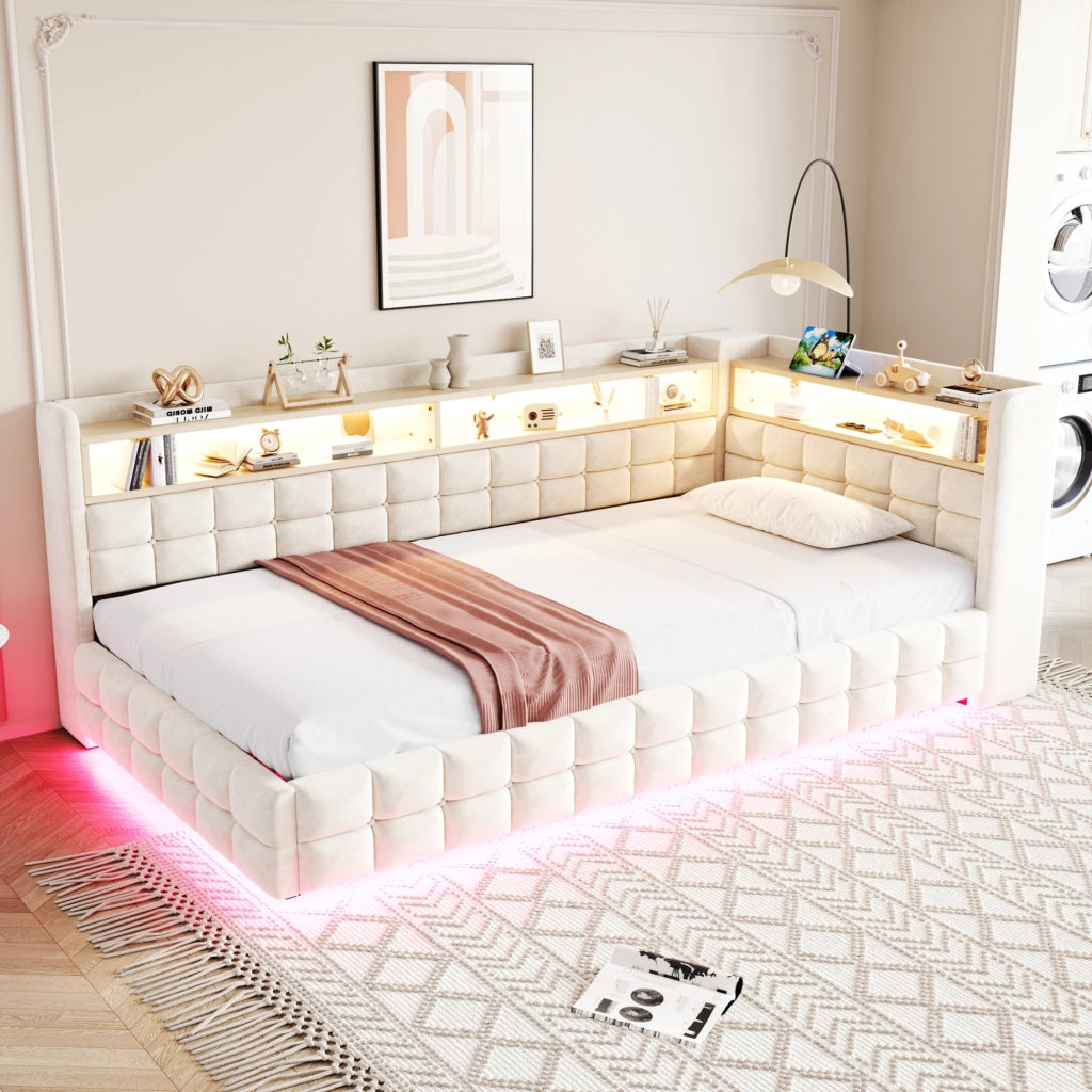 Letto singolo imbottito 90×200 cm con contenitore; LED; prese USB e Type-C; ripiani; senza materasso; beige