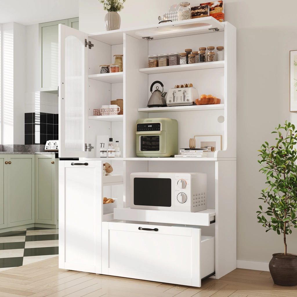 Credenza alta in MDF con ripiani regolabili, cassetto e vetro zigrinato per cucina soggiorno e sala da pranzo bianco