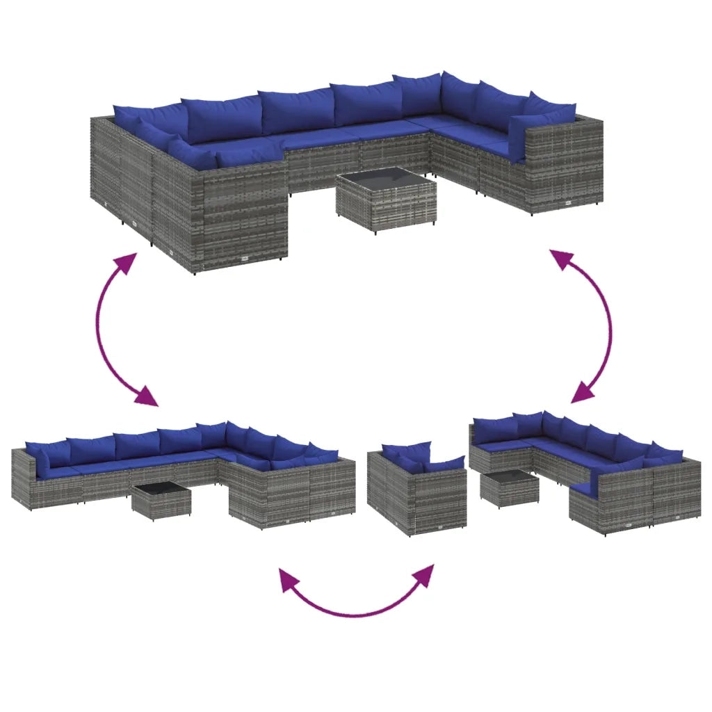 vidaXL Set Divano da Giardino 10 pz con Cuscini Grigio in Polyrattan