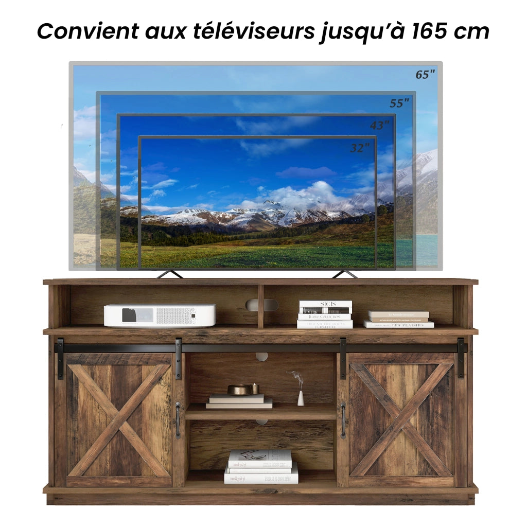 Mobile Porta TV con 2 Ante Scorrevoli e 2 Vani Aperti; Ripiani Regolabili; Stile Country; in Pannello Truciolare; Marrone; 148¡Á40¡Á78 cm