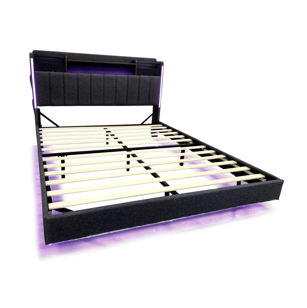 Letto matrimoniale imbottito 140x200 cm con LED; porta USB e contenitore; grigio