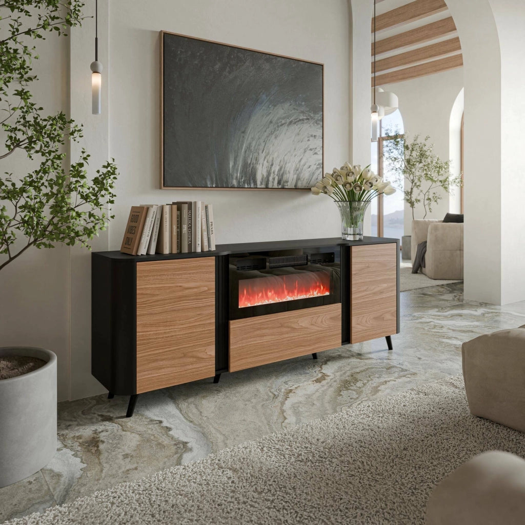 Credenza Briano, Madia da salotto con due ante battenti, anta a ribalta e camino elettrico, Rialzata da terra, 191x40 h69 cm, Nero e Noce