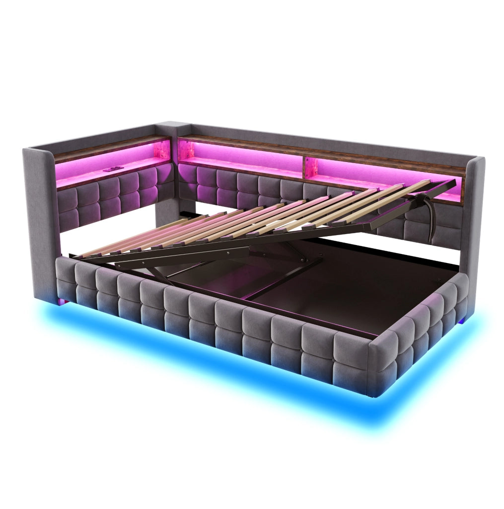 Divano letto 90x200 cm con vano idraulico, LED e prese USB-C in velluto grigio