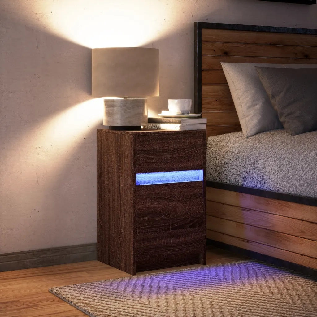 Comodino | Armadio da Notte | Mobiletto da notte con Luci LED Rovere Marrone in Legno Multistrato