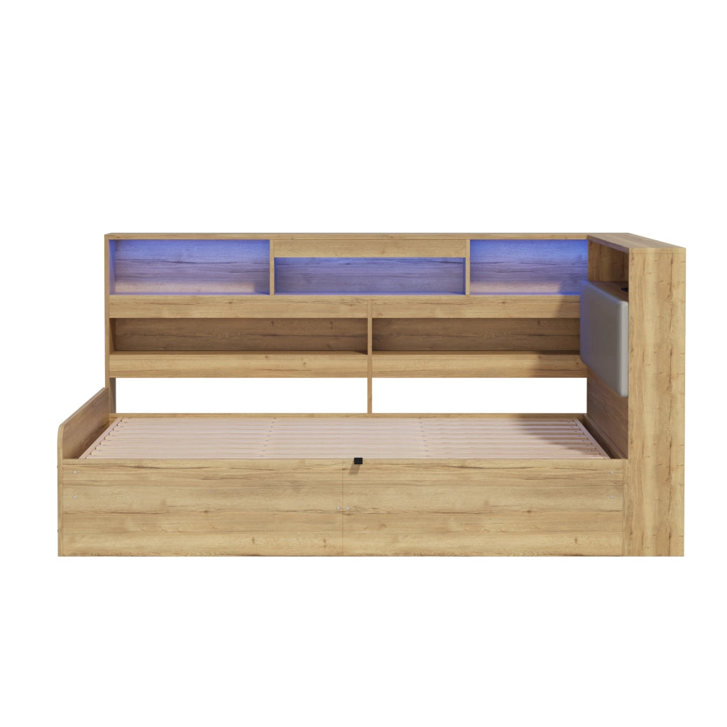 Letto Singolo Contenitore Idraulico con LED e USB ¨C MINIMAL ¨C Legno 90x200 Naturale