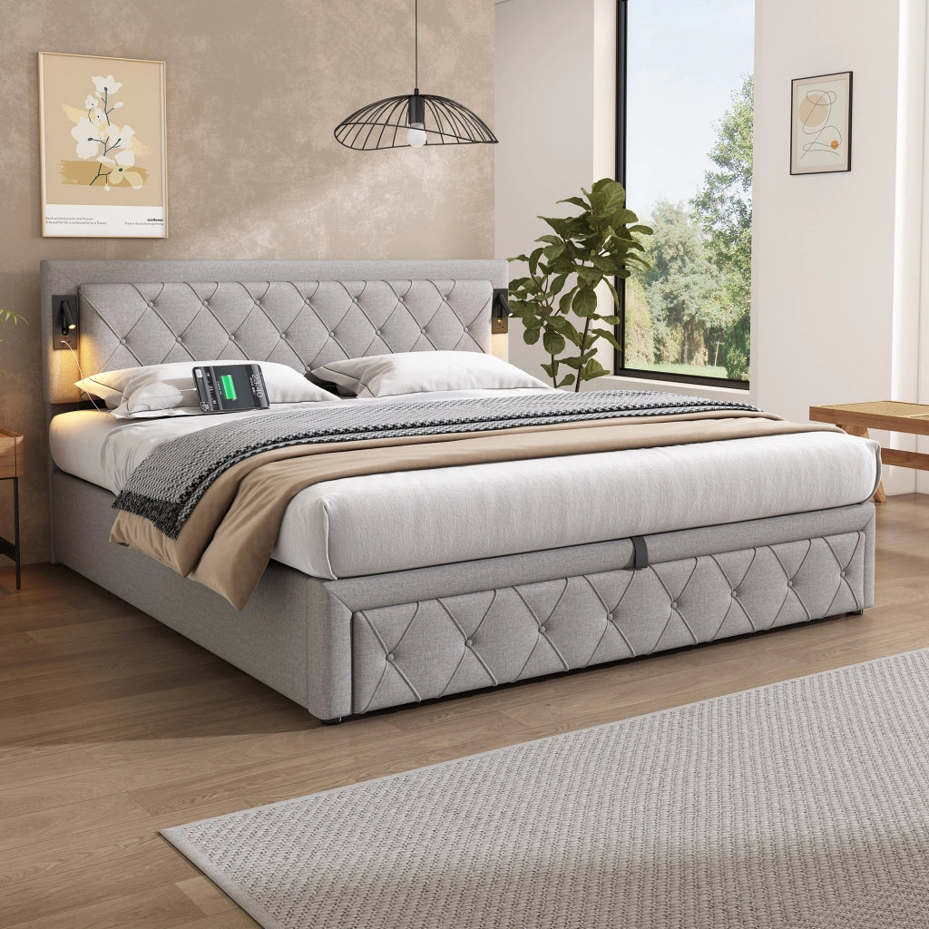Letti contenitori 180x200 cm; LED e porte USB; lino grigio