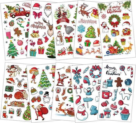 Tatuaggi temporanei per bambini - 10 fogli di tattoo acqua resistente - stickere per bambini con renne e alberi di Natale - contenitore per regali di Natale da assemblare.