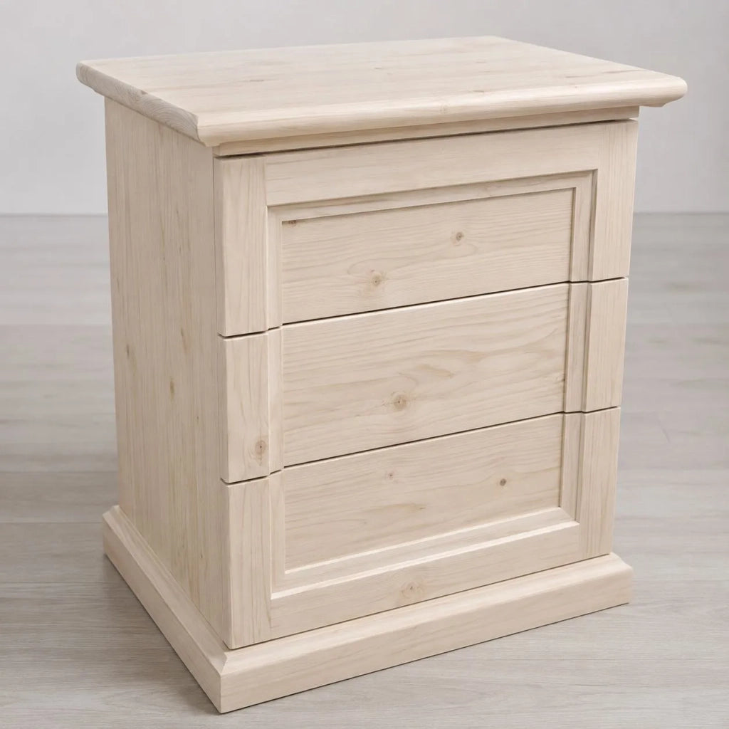 Comodino classico 3 cassetti legno massello abete grezzo 55x39x64 (3359) - Mobili 2G
