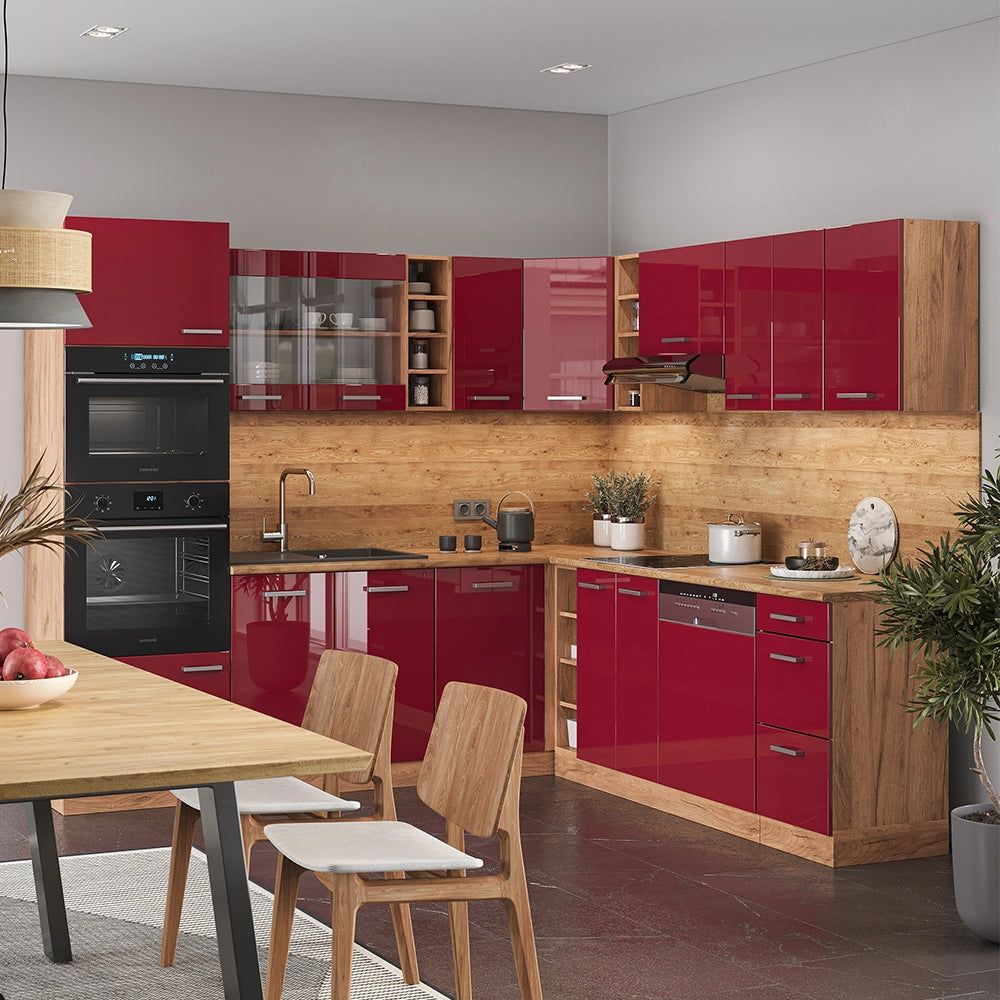 Cucina angolare completa R-Line Rosso lucido/Rovere dorato 247 x 237 cm, PL Antracite Vicco