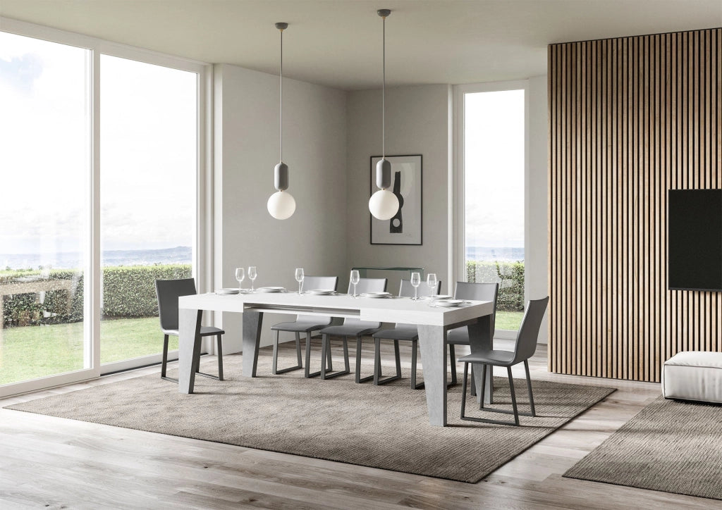 Tavolo Allungabile 130/390x90x77 cm Naxy Mix piano Bianco Frassino gambe Cemento
