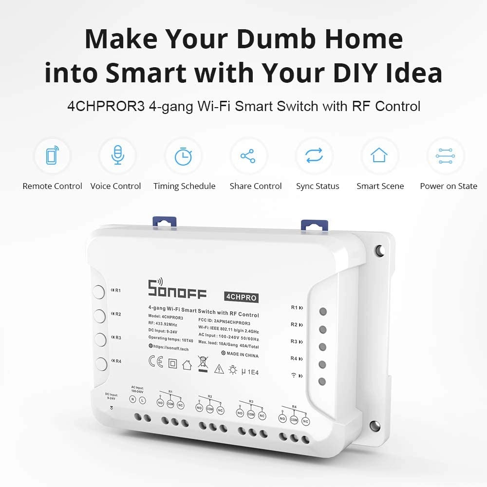 SONOFF 4CHPROR3  Interruttore universale smart switch WiFi controllo 4Ch linee indipendenti con temporizzazione guida DIN