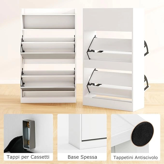 Scarpiera Slim in Legno, Portascarpe a 4 Livelli con 2 Cassetti a Ribalta, con Ripiano Aperto, Mobile Porta Scarpe per Ingresso Corridoio, 60x24x102 cm (Bianco)