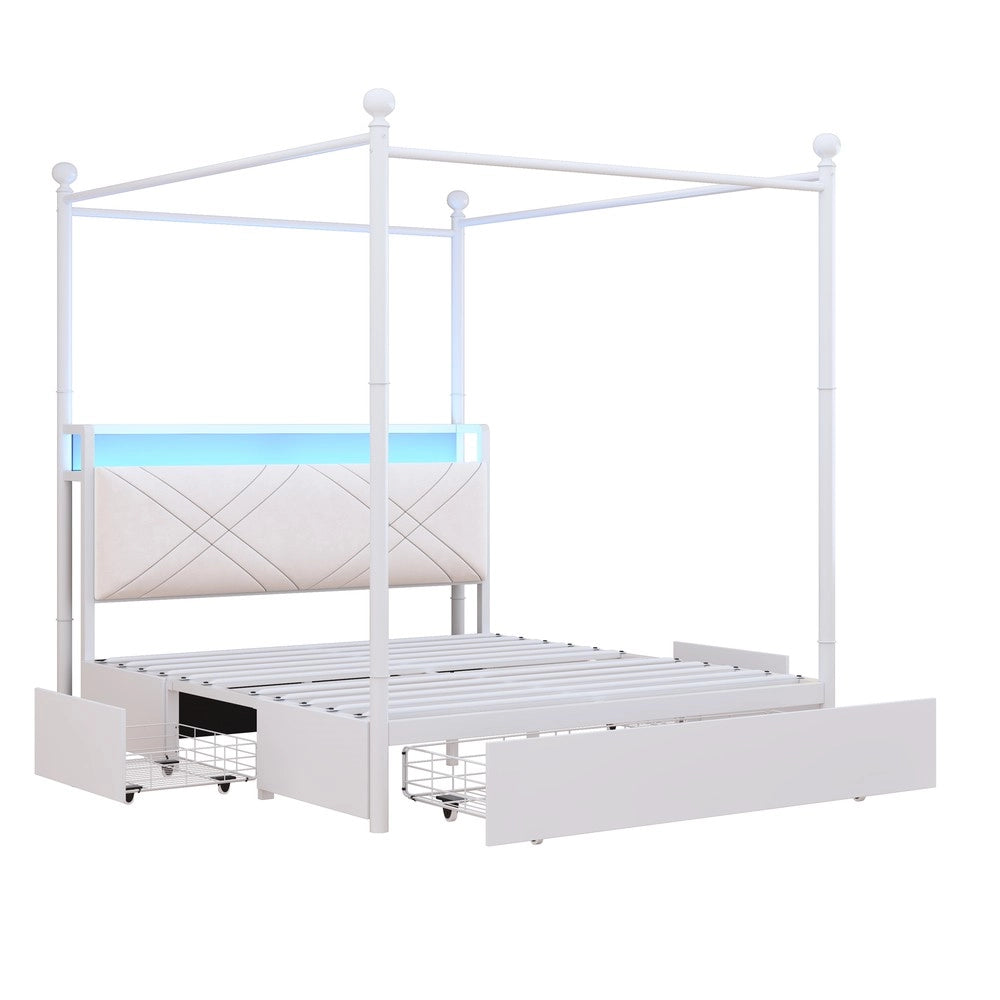 Letto Matrimoniale Contenitore con Baldacchino ¨C Xylo ¨C Bianco, LED, USB, 3 Cassetti, 140x190